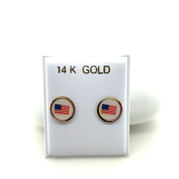 14KT Yellow Gold Round American Flag Screw Back S… - image 2
