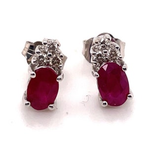 14KT White Gold Diamond & Oval Cut Ruby Cluster Stud Earrings