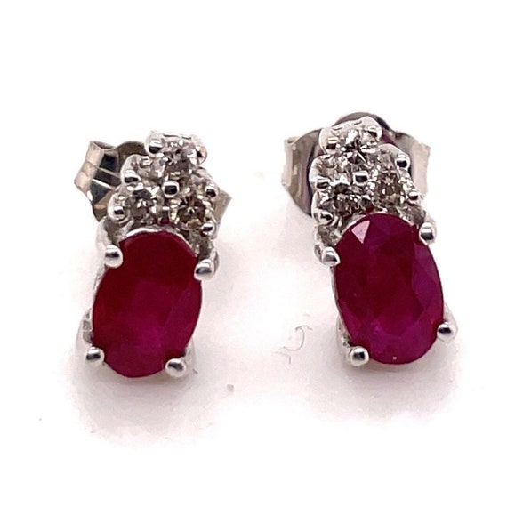 14KT White Gold Diamond & Oval Cut Ruby Cluster S… - image 1