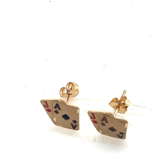 14KT Yellow Gold Jack and Ace Card Stud Earrings - image 4