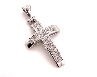 14KT White Gold Diamond Two Row Pave 3D Cross Pendant