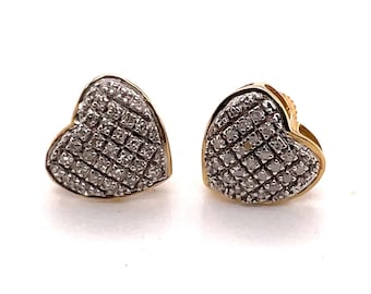 10K Yellow Gold Diamond Heart Pave Stud Earrings