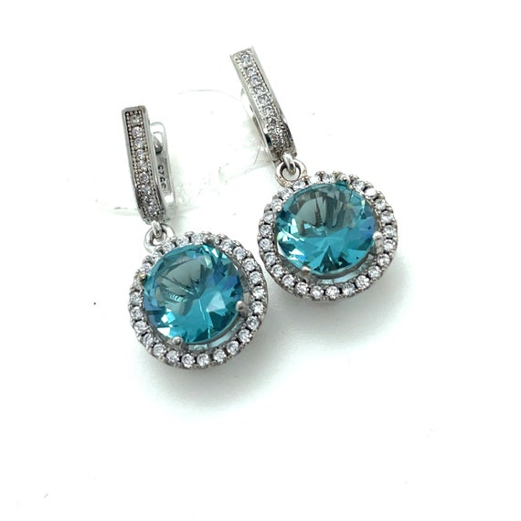 925 Silver Round Halo Blue Topaz Hanging Earrings - image 5
