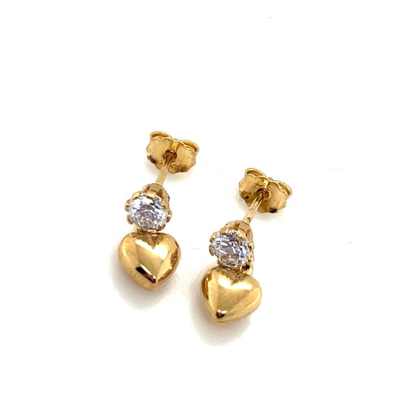 14KT Yellow Gold Solitaire Hanging 3D Heart Stud … - image 2