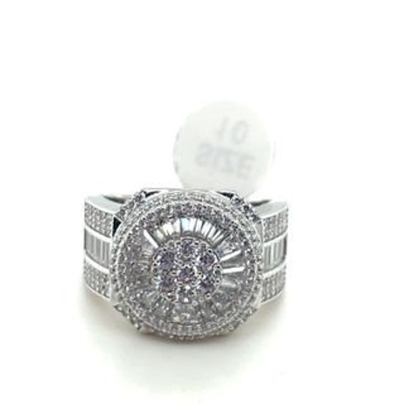 925 Silver Round and Baguette Cluster Mens Ring - image 1