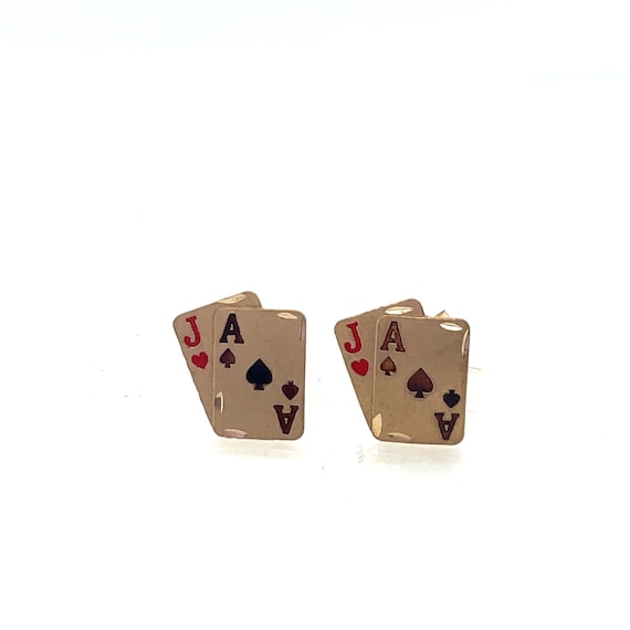 14KT Yellow Gold Jack and Ace Card Stud Earrings - image 1