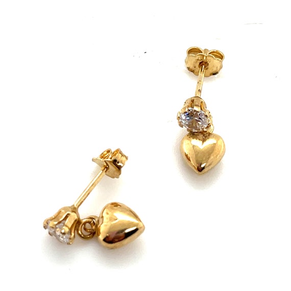 14KT Yellow Gold Solitaire Hanging 3D Heart Stud … - image 3