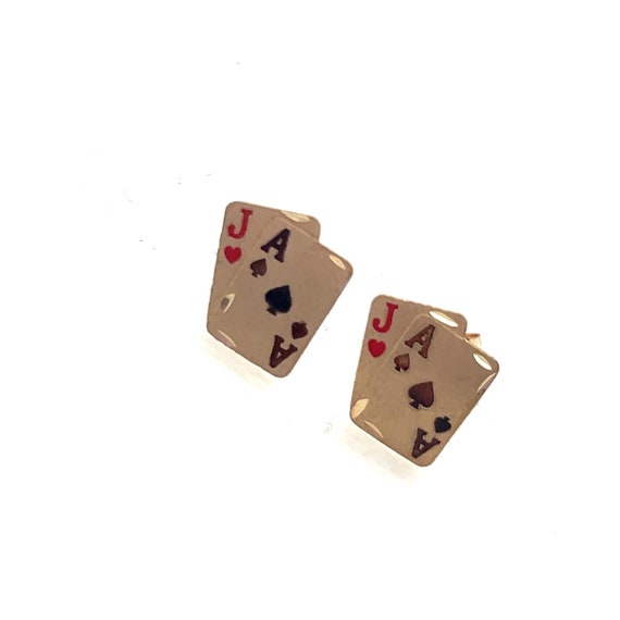 14KT Yellow Gold Jack and Ace Card Stud Earrings - image 2