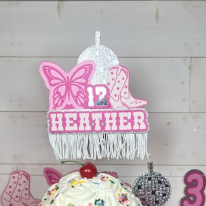Personalized Disco Cowgirl Cake Topper: Pink Butterfly & Boots, Rodeo Birthday