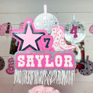 Personalized Pink Disco Cowgirl Cake Topper: Space Rodeo Party
