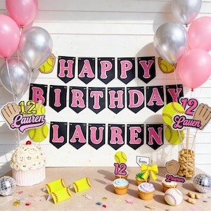 May include: A festive softball-themed birthday party setup with pink and silver balloons, a banner reading "HAPPY BIRTHDAY LAUREN 12", and softball-decorated cupcakes. Includes a cake, softball decorations, and a disco ball.