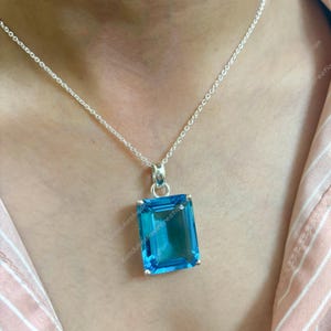 Emerald Cut Blue Topaz Pendant: Extra Large Sterling Silver Necklace