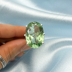 Oval Prasiolite Ring, Large Green Amethyst, Sterling Silver Gemstone Jewelry