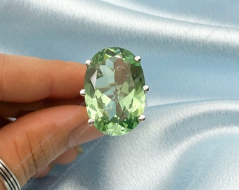 Oval Prasiolite Ring: Green Amethyst, Sterling Silver, Handmade