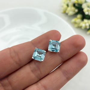 アクアマリンスタッドピアス アッシャーカット 9mm : 925スターリングシルバー ハンドメイド 宝石ジュエリー 3月の誕生石