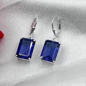 Emerald Cut Blue Sapphire Lever Back Earrings: Sterling Silver Dangle