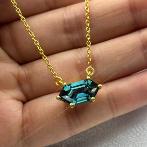 Teal Sapphire Necklace: Sterling Silver Hexagon Pendant, September Birthstone