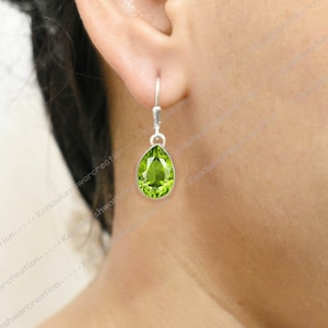 Teardrop Peridot Earrings: Sterling Silver Lever Back, August Birthstone