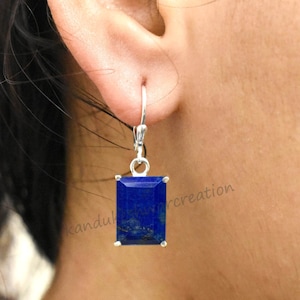 Lapis Lazuli Lever Back Earrings: Emerald Cut, 925 Sterling Silver