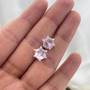 Rose Quartz Hexagon Stud Earrings: 8mm Faceted Gemstone, 925 Sterling Silver
