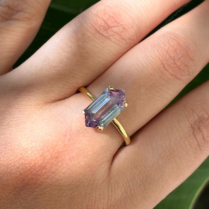 Long Hexagon Cut Alexandrite Ring, Engagement Wedding Ring, Alexandrite Gold Ring, Solid 925 Silver, Handmade Magic Jewelry, gift for her