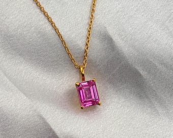 Gold Vermeil Pink Tourmaline Necklace: Emerald Cut Sterling Silver Pendant