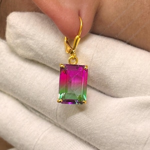 Watermelon Tourmaline Earrings: Sterling Silver Lever Back, Emerald Cut