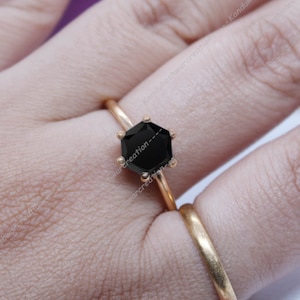 Black Spinel Ring: Hexagon 8mm, Sterling Silver Dainty Ring