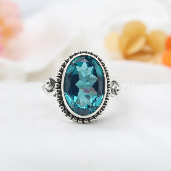 Blue Green Tourmaline Ring: Oval Sterling Silver Gemstone