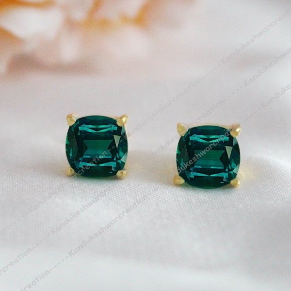 Teal Sapphire Studs, Dark Teal Sapphire Stud Earrings, Women Everyday Stud, 925 Sterling Silver, Cushion Sapphire Stud, September Birthstone