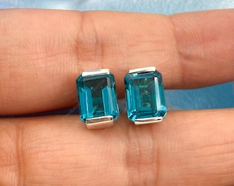 Emerald Cut London Blue Topaz Stud Earrings: 925 Silver Handmade Jewelry