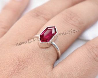 Hexagon Ruby Ring, Ruby Ring, Pink Ruby Ring, July Birthstone Gift, Women Dainty Ring, 925 Sterling Silver, Wedding Anniversary Jewelry Her