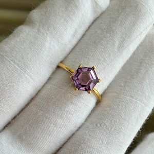 Dainty Alexandrite Ring: 18K Gold, Sterling Silver, Hexagon Cut