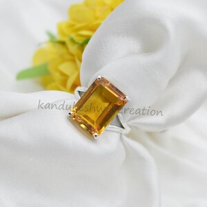 Emerald Cut Citrine Ring: 925 Sterling Silver November Birthstone