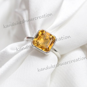 Asscher Cut Citrine Ring: 925 Sterling Silver November Birthstone