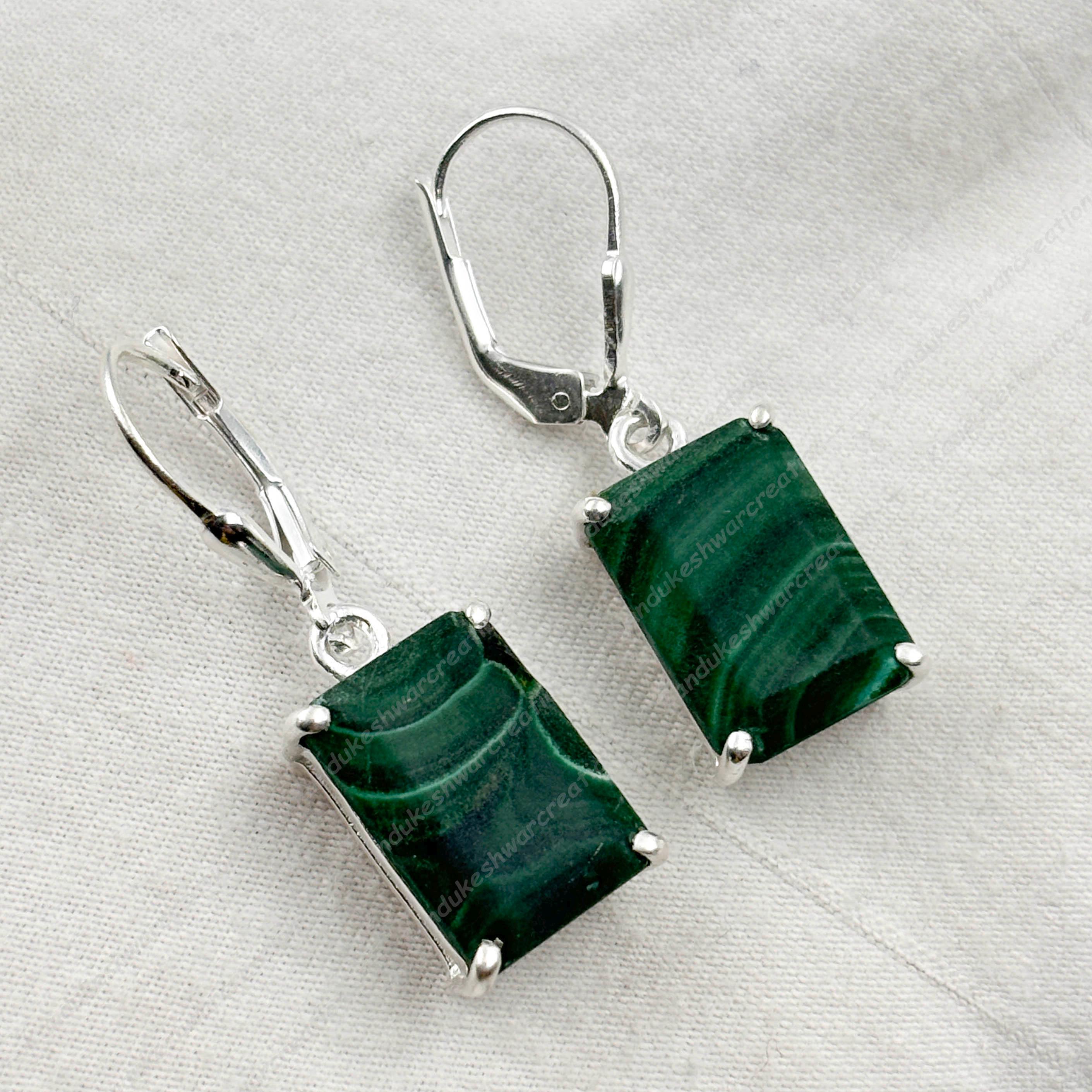 Boucles D'Oreilles Dormeuses Malachite - Monture Argent Bohème Chic - Occasion Excellent État