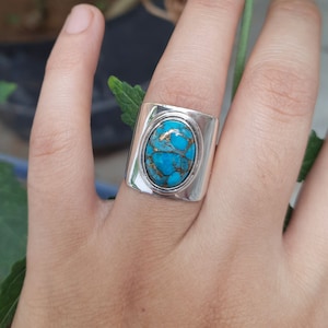 925 Sterling Silver Turquoise Ring: Wide Band Boho Ring