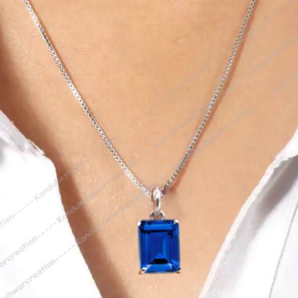 Sapphire Women Necklace, Emerald Cut Sapphire Pendant, Blue Sapphire Pendant, September Birthstone Gift, 925 Sterling Silver, Gift For her