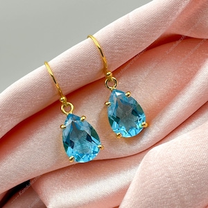 Blue Topaz Earrings, Handmade Earrings, 925 Sterling Silver, Teardrop 10x14mm Blue Topaz Earrings, Gift for her, Dangle Topaz Earrings Gift