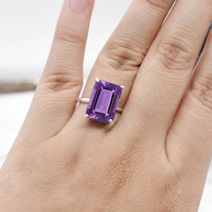 Amethyst Ring, Purple Amethyst Ring, February Birthstone Gift, Women Amethyst Ring, 925 Sterling Silver Emerald Cut Dainty Gemstone Ring Her