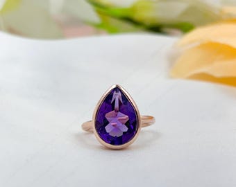 Teardrop Amethyst Ring: 925 Sterling Silver Delicate Engagement Ring