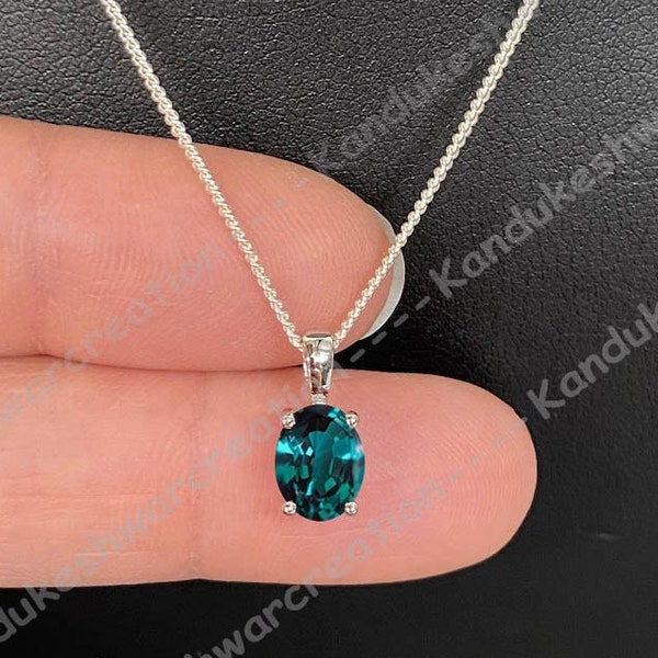 Solitaire Teal Sapphire Necklace, Sapphire Necklace, September Birthstone, Women Sapphire Engagement Pendant, 925 Sterling Silver, Gift Her