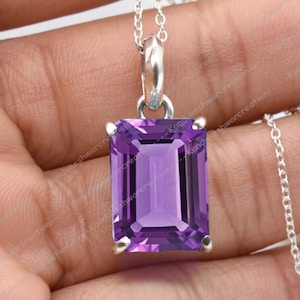 Sterling Silver Amethyst Pendant Necklace: Rectangle February Birthstone