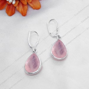 Women Rose Quartz Earrings, Silver Lever Back, Healing Crystal Earrings, Teardrop 10 x 14 Quartz Earrings, Everyday Earring, 925 Silver Gift