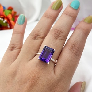 Emerald Cut Amethyst Ring: 925 Sterling Silver, February Birthstone