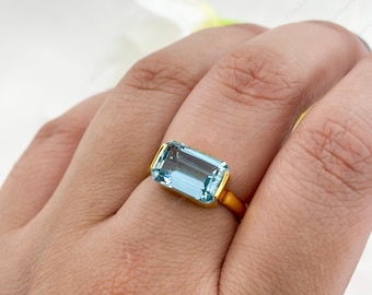 Aquamarine Engagement Ring: Rectangle Gemstone, 925 Sterling Silver