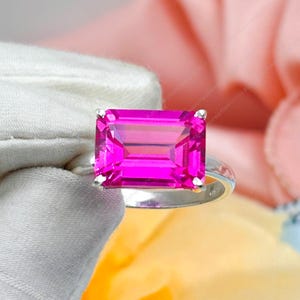 Emerald Cut Pink Ruby Ring: Sterling Silver July Birthstone