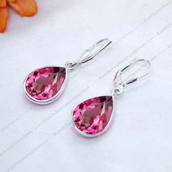 Dainty Lever Back, Boucles d'oreilles Tourmaline rose, Boucles d'oreilles Dangle Tourmaline, Pierre de naissance d'octobre, Cadeau pour elle, Boucle d'oreille femme en argent sterling 925