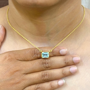 Aquamarine Necklace: Dainty 925 Sterling Silver Pendant, 7x9m Octagon March Birthstone