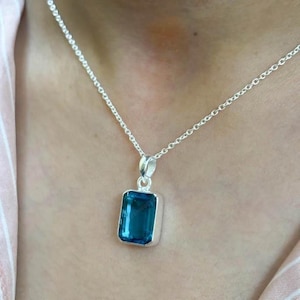 Handmade Emerald Cut London Blue Topaz Pendant - Sterling Silver